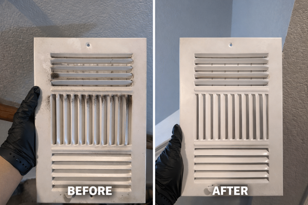 Air duct interior before and after cleaning