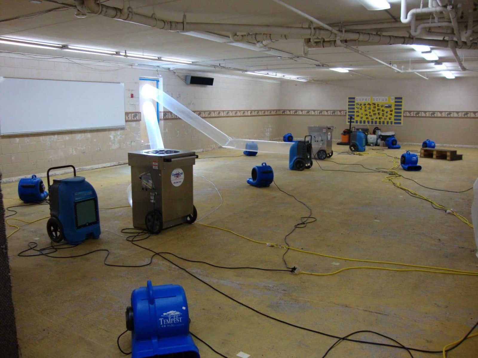 Commercial interior with air movers and drying equipment